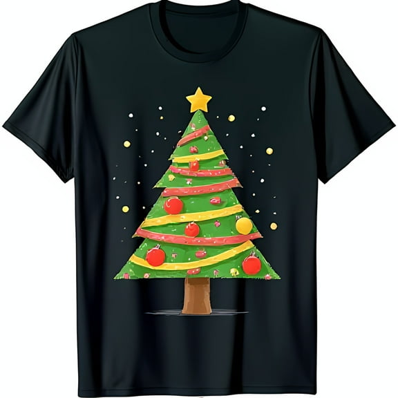 Fun Christmas Tree Graphic Black T-Shirt with Ornaments & Star Festive Holiday Wear