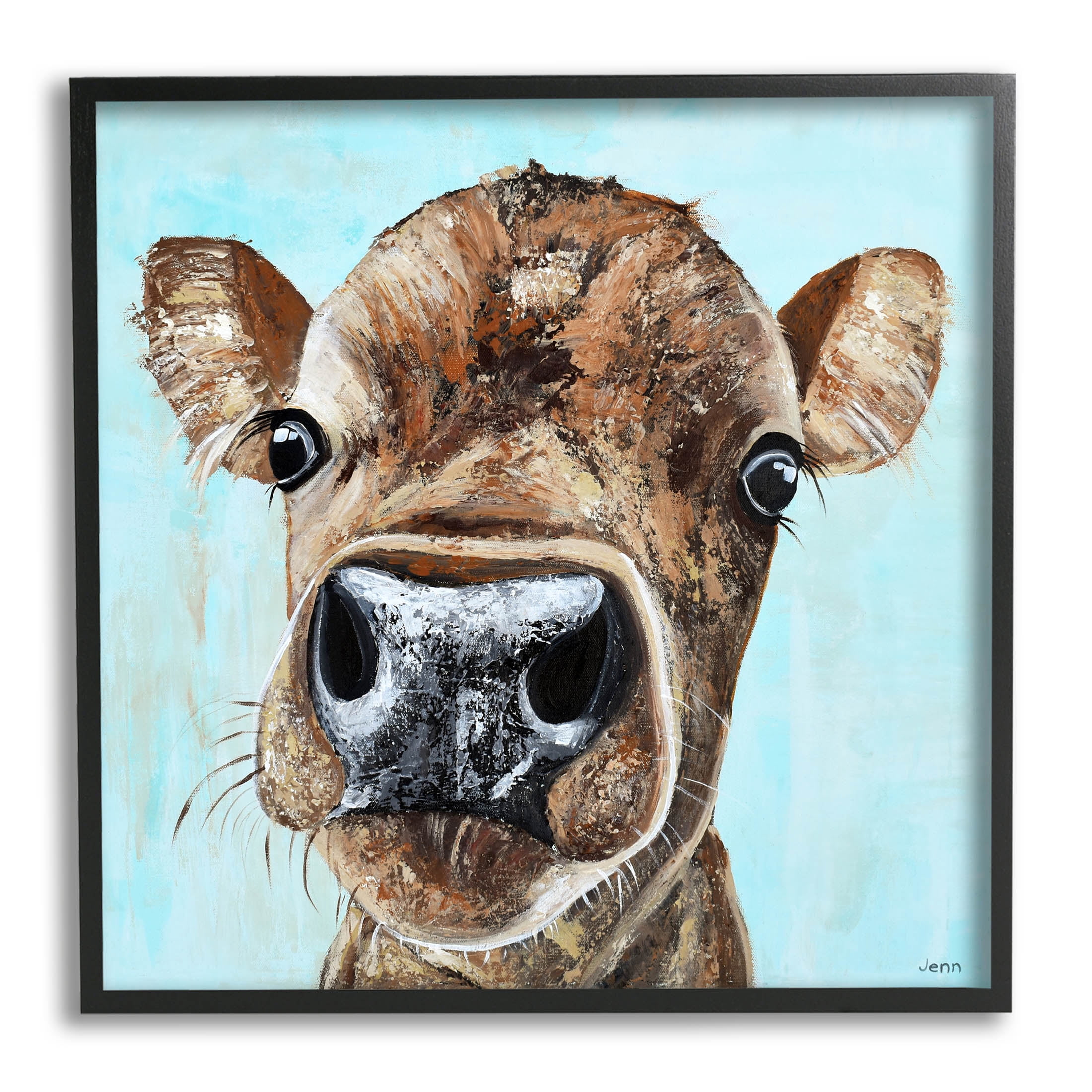 Fun Close Up Cow Face Animals & Insects Painting Black Framed Art Print Wall Art