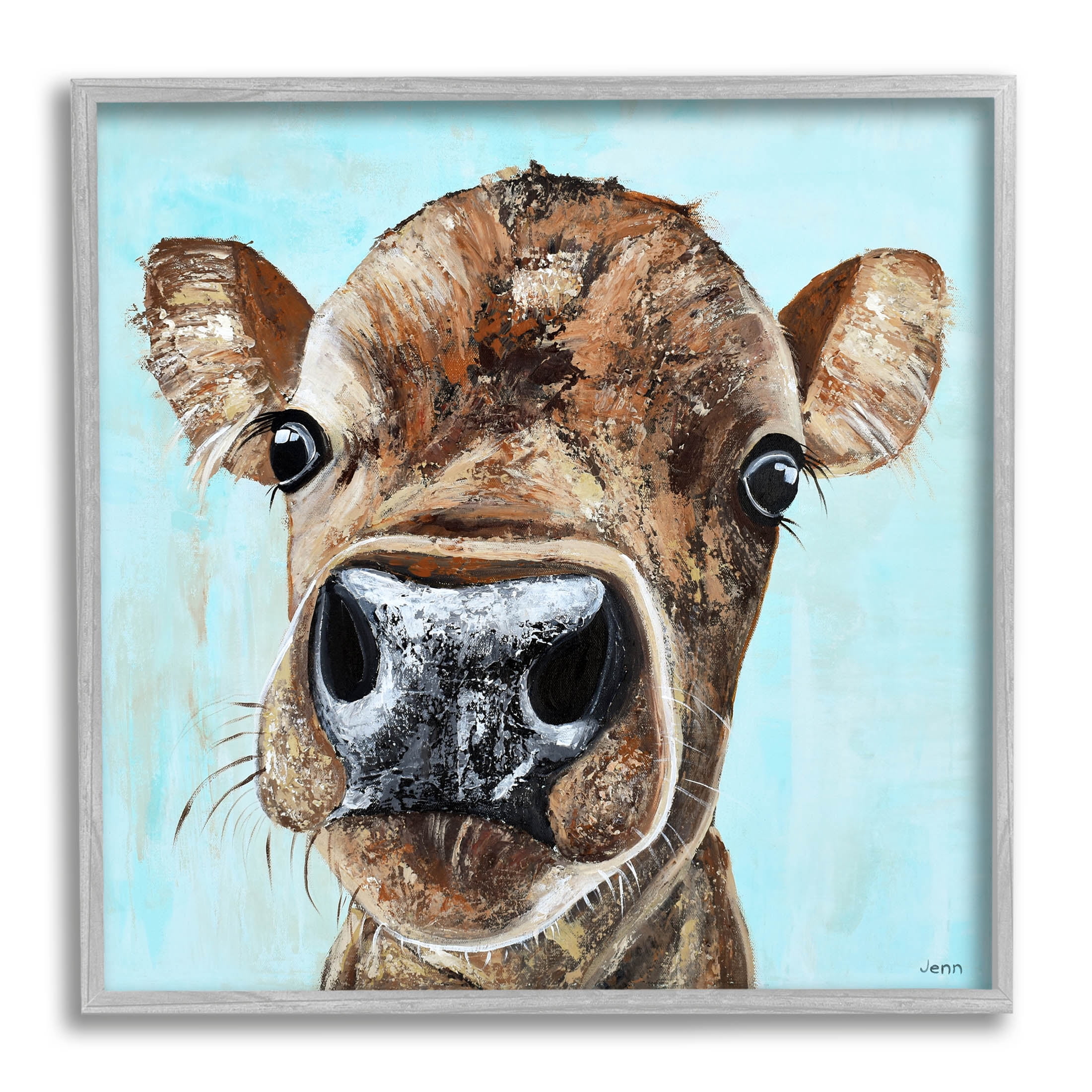 Fun Close Up Cow Face Animals & Insects Painting Gray Framed Art Print Wall Art
