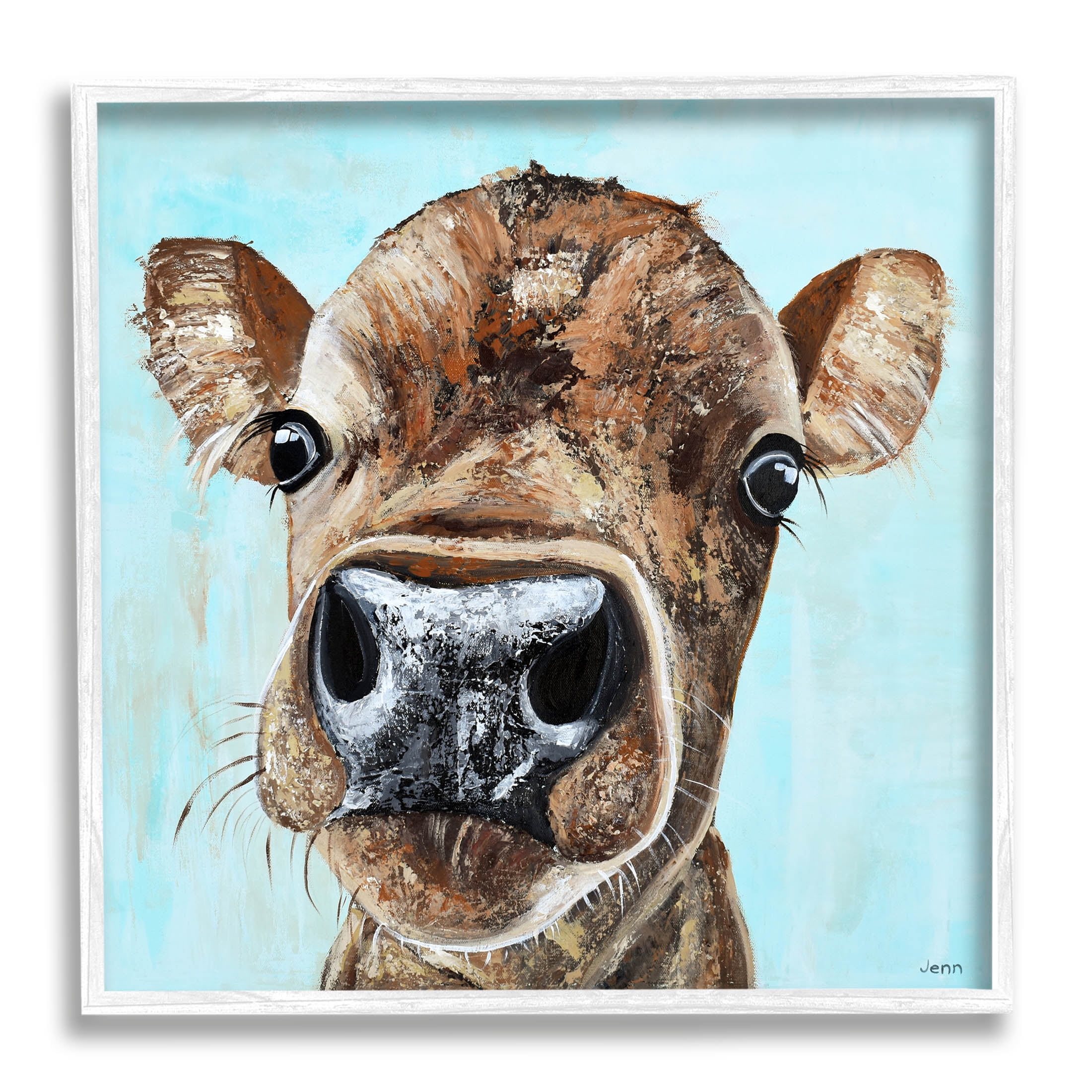 Fun Close Up Cow Face Animals & Insects Painting White Framed Art Print Wall Art
