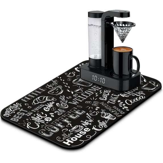 Fun Coffee Mat 19inx12in,Coffee Bar Mat for Countertops,Absorbent Hide Stain Anti-Slip Coffee Bar Accessories Fit Under Coffee Machine Mat,dish drying mats for kitchen Black