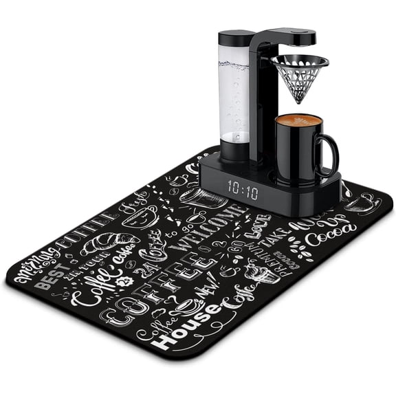 Fun Coffee Mat 23inx15in,Coffee Bar Mat for Countertops,Absorbent Hide Stain Anti-Slip Coffee Bar Accessories Fit Under Coffee Machine Mat,dish drying mats for kitchen Black