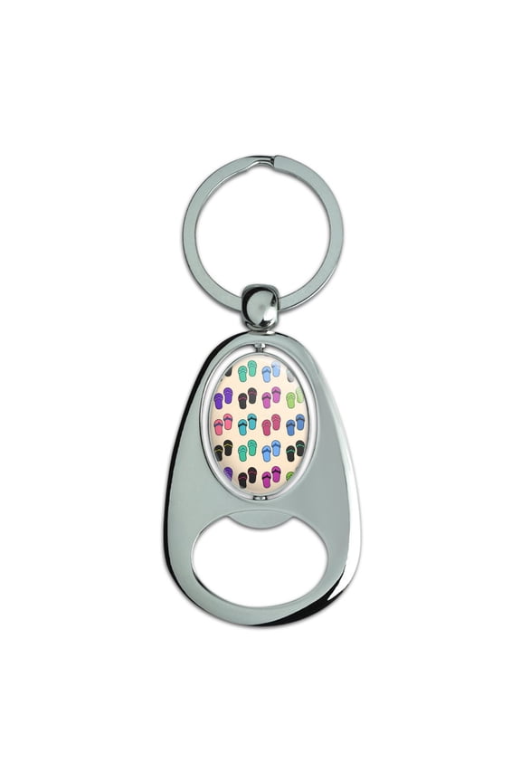 Fun Colorful Flip Flops on Sand Pattern Keychain Chrome Metal Spinning Oval Bottle Opener
