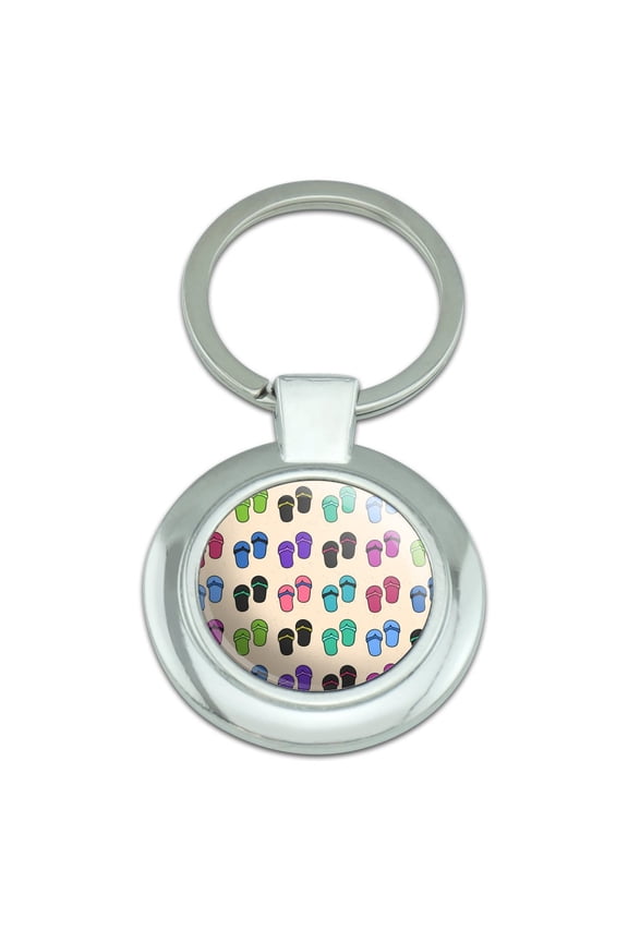 Fun Colorful Flip Flops on Sand Pattern Keychain Classy Round Chrome Plated Metal