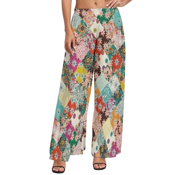 Fun Colorful Patchwork Pants Retro Tiles Print Casual Wide Leg Pants Woman Big Size Beach Graphic Straight Trousers