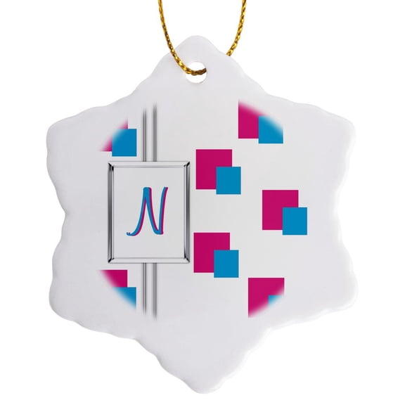 3drose, Fun Colorful Pink and Blue Squares Pattern Monogram Letter N, 3 inch Snowflake Porcelain Ornament