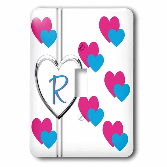 3dRose, Fun Colorful Pink and Blue Hearts Pattern Monogram Letter R, single toggle switch