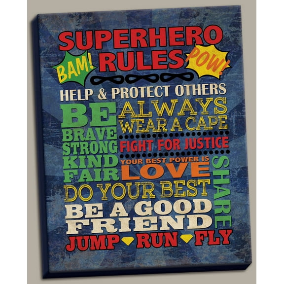 Fun Colorful Popular Superhero Rules Poster Print; Great for a Childs Room or Nursery; One 12X16in Hand-Stretched Canvas. Blue/Red/Yellow/Green