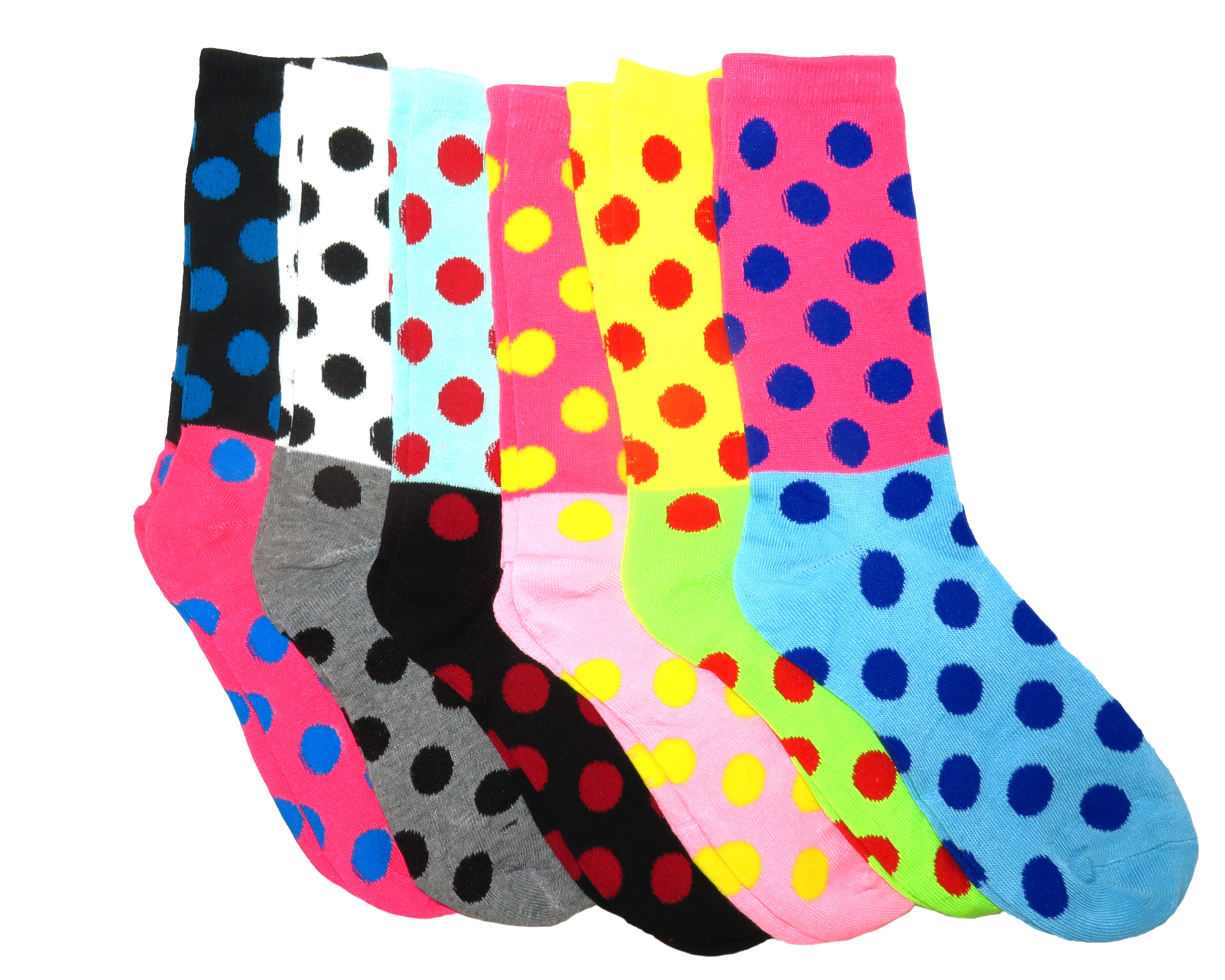 Fun & Colorful Two- Tone Polka Dot Assorted 6 Pack Crew Socks - image 1 of 3