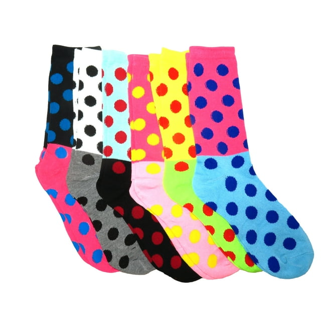 Fun & Colorful Two- Tone Polka Dot Assorted 6 Pack Crew Socks