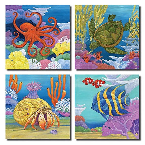 Fun Colorful Under the Sea Coastal Crab, Turtle, Clown Fish and Octopus; Four 12x12in Prints