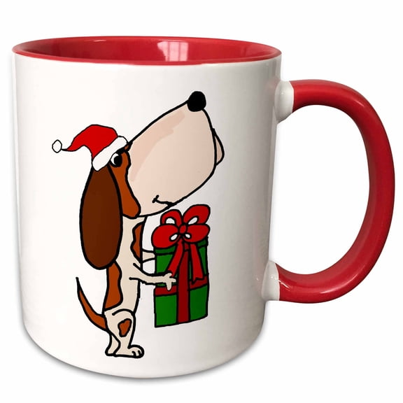 3drose, Fun Cool Basset Hound Dog with Christmas Gift Cartoon, 11oz Two-tone Red Mug