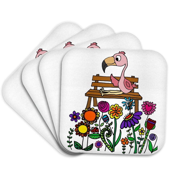 3drose, Fun Cool Pink Flamingo Bird on Flower Garden Bench Nature Art, Set of 4 Coasters - Soft