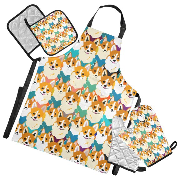Fun Corgi Dogs 5 Pcs Kitchen Set Heat Resistant Oven Mitts and Non-Slip Pot Holders with Adjustable Cooking Apron
