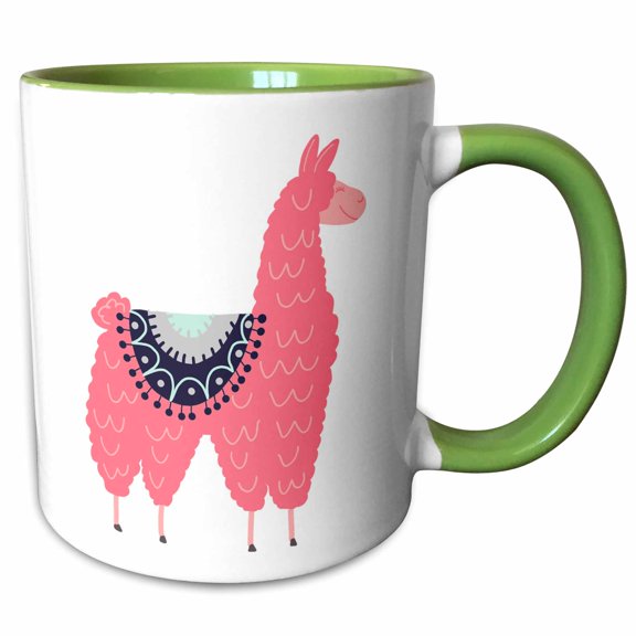 3drose, Fun Creative Fluffy Pink Llama Wearing a Saddle Blanket, 11oz Two-tone Green Mug