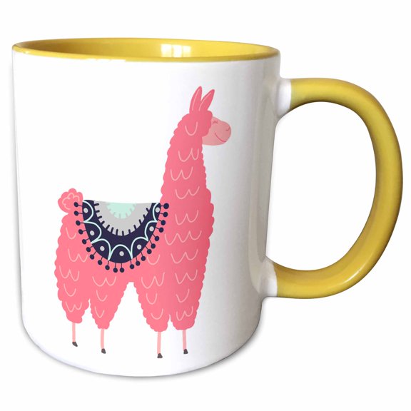 3drose, Fun Creative Fluffy Pink Llama Wearing a Saddle Blanket, 11oz Two-tone Yellow Mug
