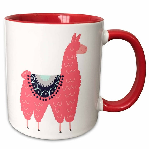 3drose, Fun Creative Fluffy Pink Llama Wearing a Saddle Blanket, 15oz Two-tone Red Mug