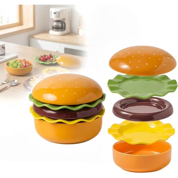 Fun Creative Hamburger Design Stackable Dinnerware Set Premium Durable Ceramic 5 Piece