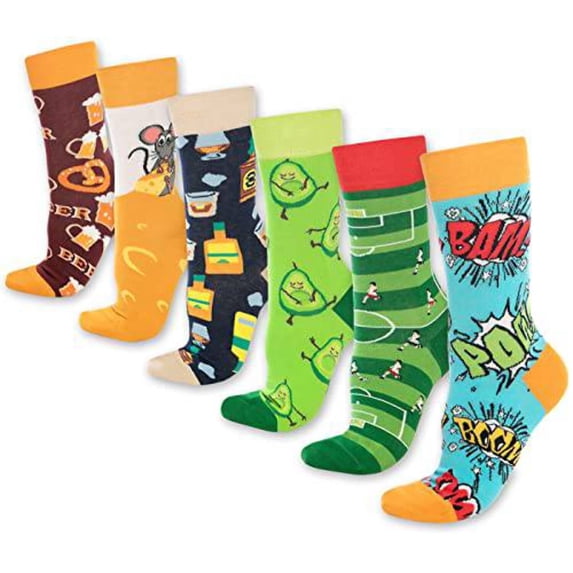 Bambooven Fun Novelty Crew Socks for Men and Women, Colorful, 6 Pairs
