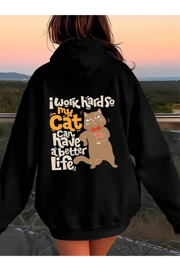 Fun Cute Pet Style Cat Text Print Casual Women's Hoodie Sweatshirt Unisex Loose Oversized Sweatshirt, Girl's Boyfriend Style Outfit, Casual Versatile Long Sleeve Jacket