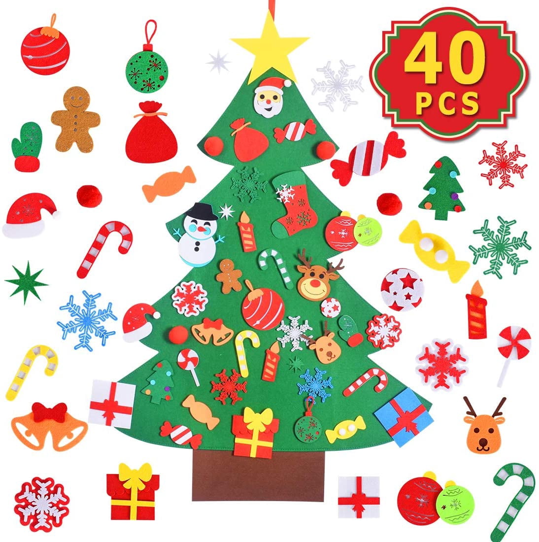 Fun DIY Felt Christmas Tree Set with 41PCS Ornaments Home Decorations Wall Hanging Children's Felt Craft Kits for Kids Christmas New Year Party Favors (Christmas Tree)