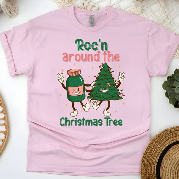 Fun Dancing Tree Illustration T-Shirt, Cute Unisex Holiday Style Graphic Tee, Light Pink, Size 3XL