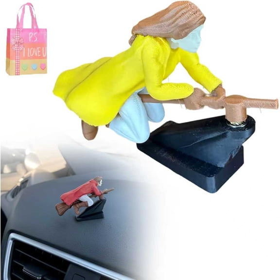 Fun Dashboard Drift Ornament - Hovering Wizard Broomstick Car Decor with Spring, Fun Gag Gift for Car Enthusiasts, Fantasy & Halloween Decor for Vehicle Interior(XX)