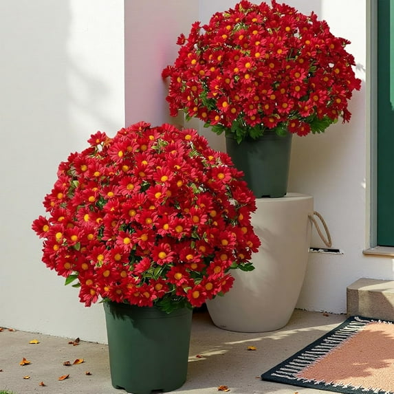 Fun Decor Mums, Artificial Outdoor Sunset Mums Flowers - UV Resistant, Waterproof, Fake Fall Flower Daisy, Look Real, Full, Vibrant, Decor for Outside Home Indoor Planter (5 Bundle Red)