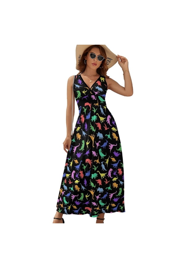 Fun Dinosaur Pattern Dress Summer Street Style Bohemia Long Dresses Female Sleeveless Printed Maxi Dress