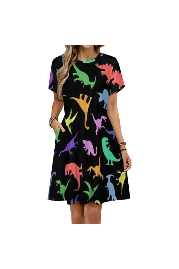 Fun Dinosaur Pattern Short Sleeve Dress Women Summer Evening Dresses Ladies Sundress