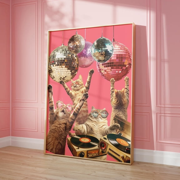 Fun Disco Cat Matte Vertical Poster Art Print, Colorful Wall Art Vintage Style, Poster Only