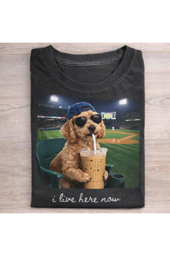 Fun Dog Lover T-Shirt - I Live Here Now Golden Doodle Tee for Sports Fans and Doodle Moms