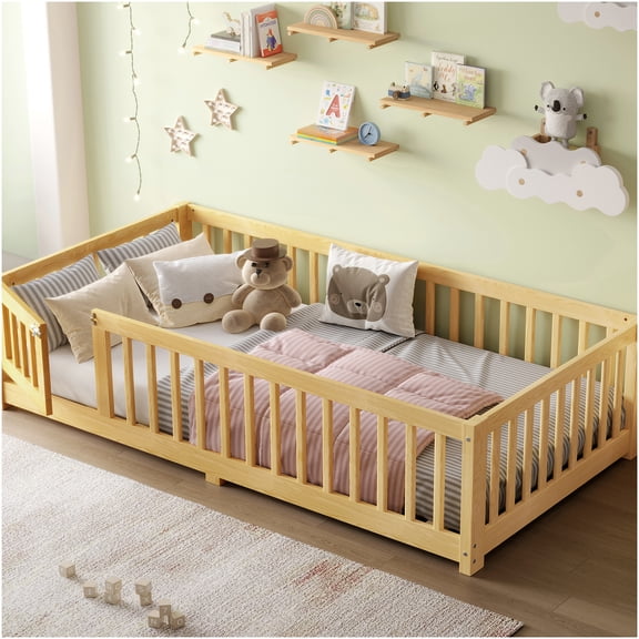 Fun Door Twin Floor Bed with Safety Rails - Low Profile Wood Frame for Youngsters, Natural Finish