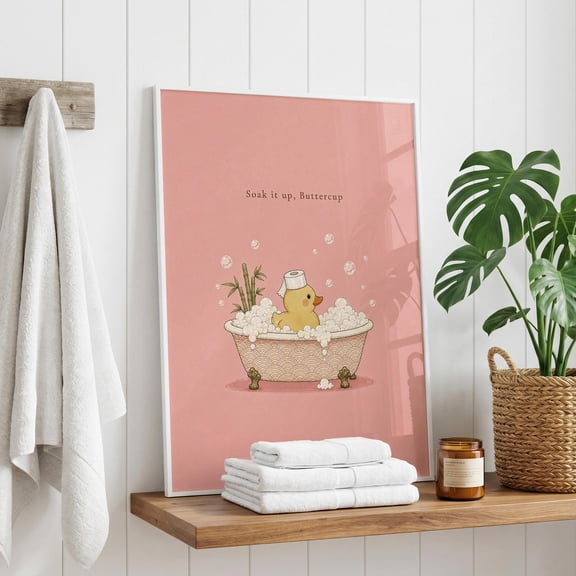 Fun Duck Bathroom Wall Art, Japanese Bath Decor, Quirky Rubber Duck Poster, Bamboo and Wave Pattern Bath Print, Cute Bathroom , Poster Print Only