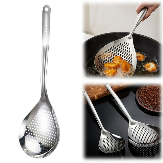 Fun & Durable Stainless Steel Slotted Spoon & Colander, 15-inch Kitchen Skimmer with Anti-Scald Handle – Perfect for Frying, Boiling, Draining & Scooping