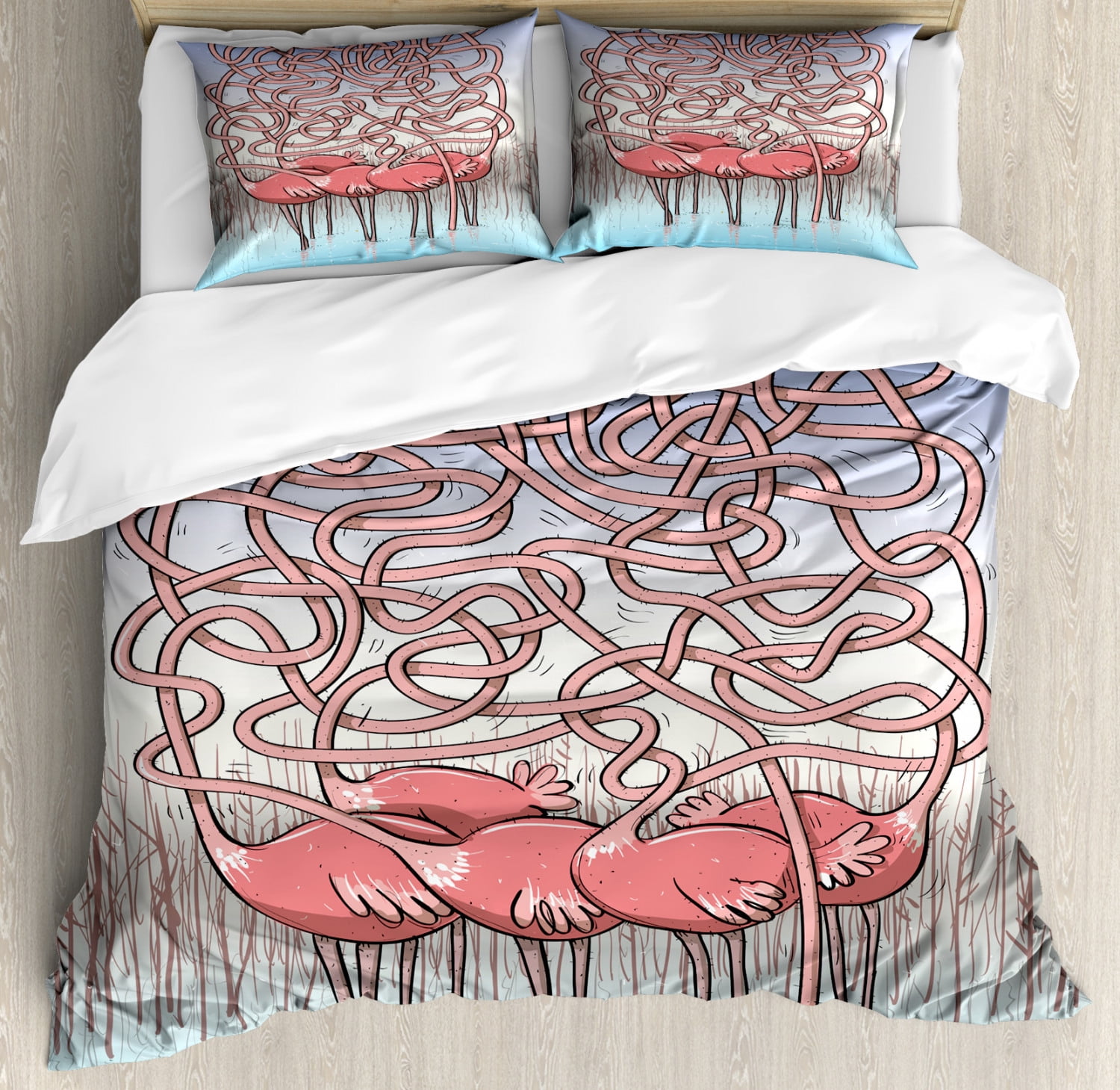 Fun Duvet Cover Set Queen Size, Five Cute Flamingos Maze Game Joyful Animal Cartoon Reed Bed
