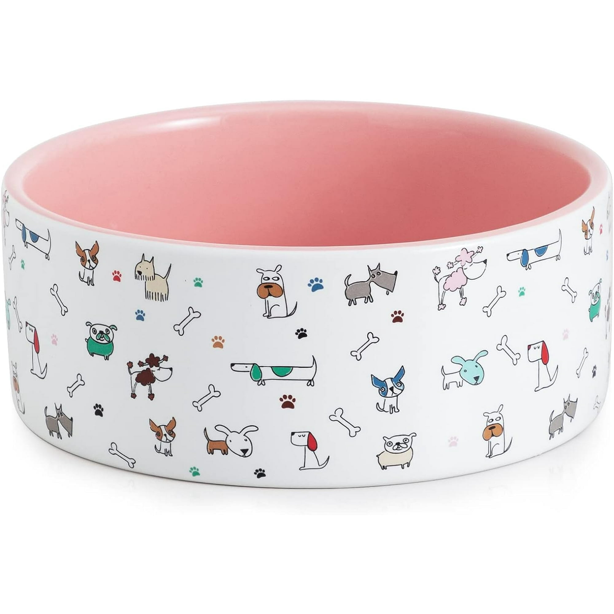 Fun Elements Ceramic Dog Bowls, Dog Bowls Large Sized Dog, 64 Fl Oz Heavy Dog Food Bowls Dog Water Bowl for Medium Dogs with Adorable Dog Patterns (Large,Pink)