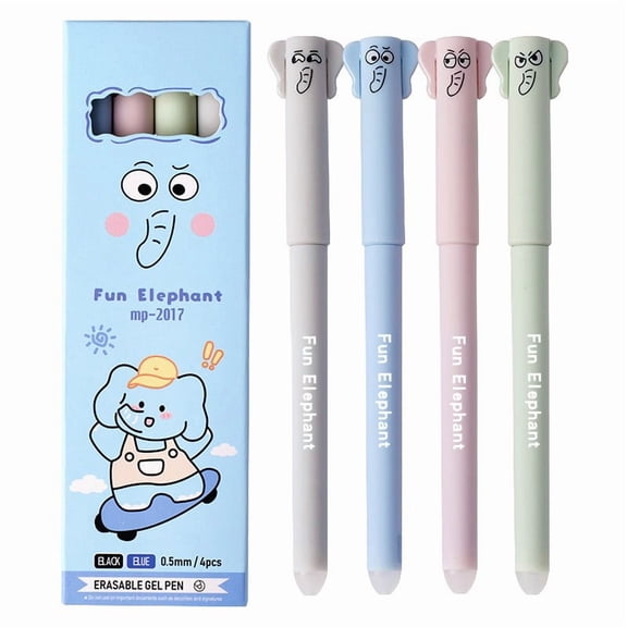 Fun Elephant Erasable Gel Pen Set of 4, Heat Erasable Ink, Smooth Writing, Fast Drying, Cute Animal Design for Office & Home Use