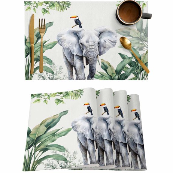 Fun Elephant Tropical Palm Leaf Placemats Set of 4,Wipeable Washable Table Mats for Dining Tables,Green Jungle Bird Place Mats for Kitchen Event Party Tabletop Decor