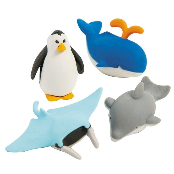 Fun Express 1 1/2" 3D Ocean Animal Penguin, Whale, Manta Ray & Dolphin Rubber Erasers - 24 Pieces