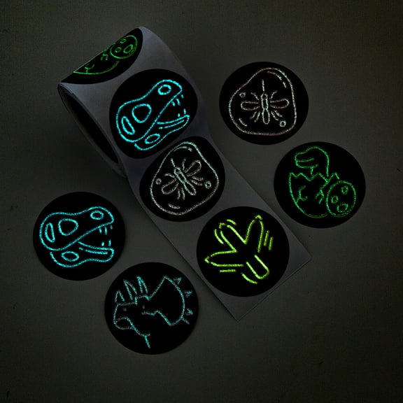 Fun Express 1 1/2" Glow-in-the-Dark Neon Dinosaur Paper Sticker Roll  100 Pieces