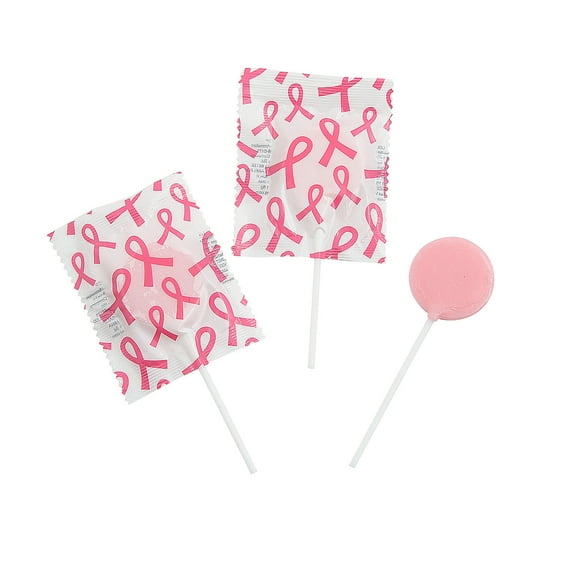 Fun Express 1 1/4" 1 Lb. Pink Ribbon Printed Fruit Flavor Lollipops  57 Pieces