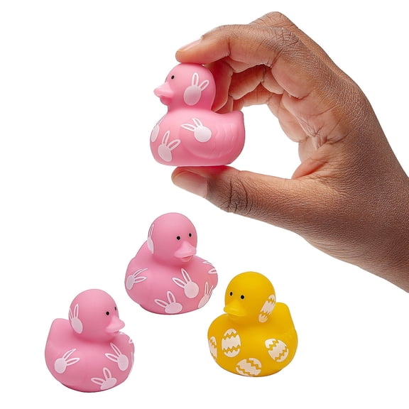 Fun Express 1 1/4" Mini Yellow & Pink Easter Print Rubber Ducks - 24 Pieces