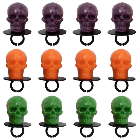 Fun Express 1 1/4" Neon Skull Fruit-Flavored Lollipops on Plastic Rings - 12 Pc.