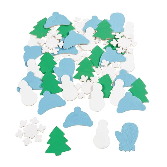 Fun Express 1 3/4" Bulk 100 Pieces Small Blue, Green & White Wood Winter Shapes