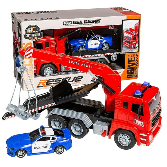 Fun Express 10 3/4" Light-Up Red Plastic Rescue Highway Trailer with Police Car & Sound - 2 Pieces