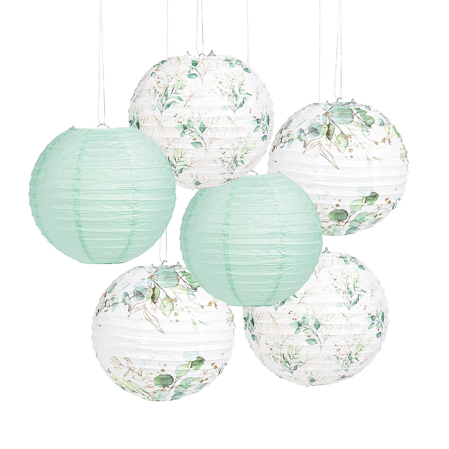 10" Green and White Eucalyptus Paper Hanging Lanterns - Set of 6