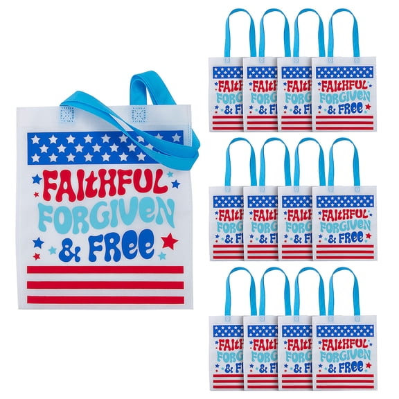 Fun Express 10" x 12" Medium Religious Groovy Patriotic Nonwoven Tote Bag - 12 Pieces