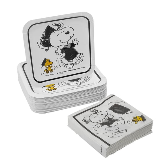 Fun Express 100 Pc. Peanuts Snoopy & Woodstock Grad Party Disposable Tableware Set for 50 Guests