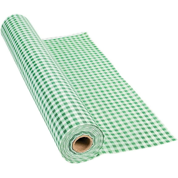 Fun Express 100 feet Green Gingham Plastic Tablecloth Roll, Party Supplies